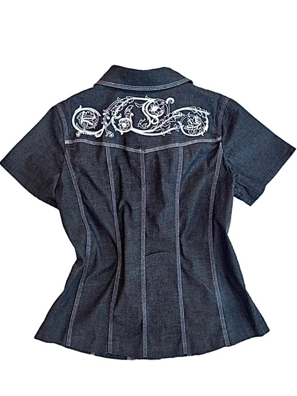SUSAN GRAVER ~ Black Denim Shirt with Silver Embroidery and Sequins size M